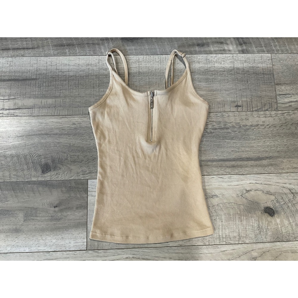 GUESS Women Beige Ribbed Quarter Zip Camisole Tank Top Adjustable Straps XS